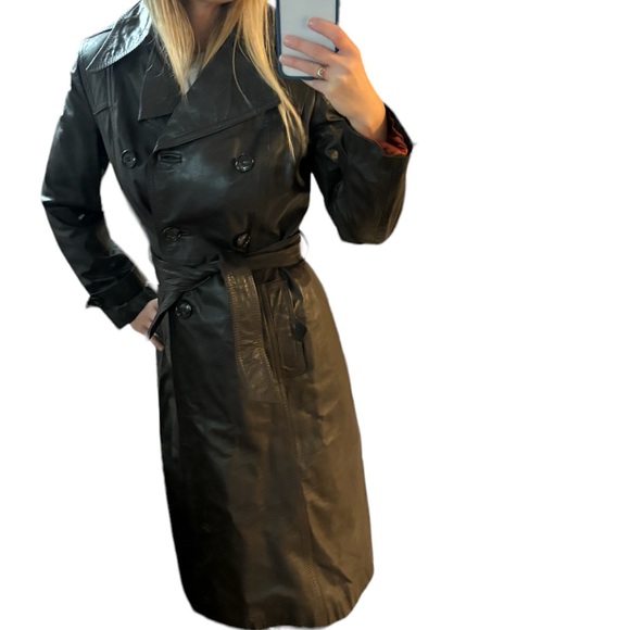 ‼️THRIFT STORE MAKE OFFER VTG Leather Trench Coat Jacket 70s Belt Long Brown - Picture 15 of 15